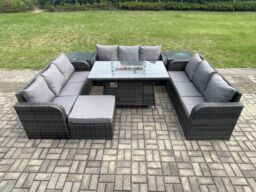 Fimous Rattan Furniture Garden Dining Set Gas Fire Pit Table With 2 Side Tables Lounge Sofa Big Footstool Dark Grey Mixed - thumbnail 1