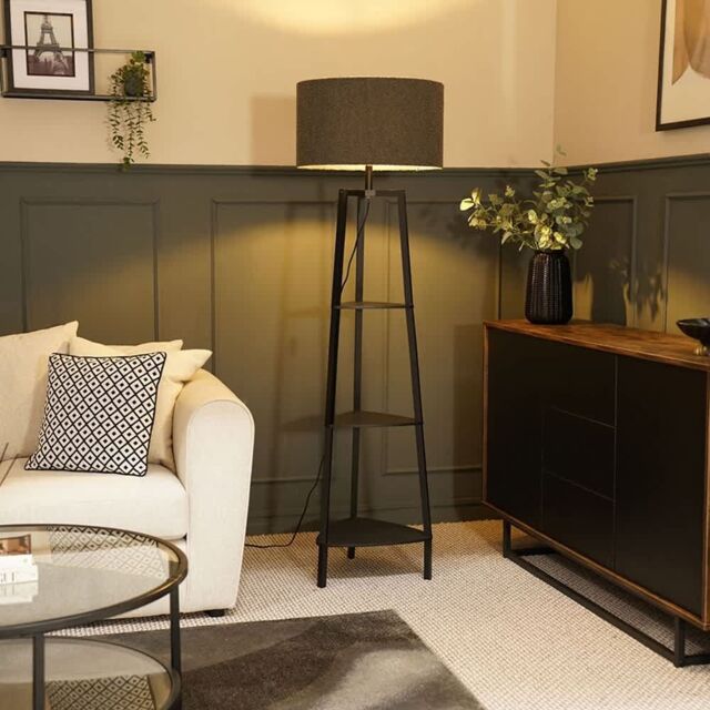 ValueLights Hiru Black 3 Tier Shelf Floor Lamp with Boucle Shade & Bulb in Charcoal - image 1
