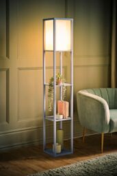 ValueLights Struttura Pastel Wooden Shelving Floor Lamp with Fabric Shade & Bulb in Baby Blue