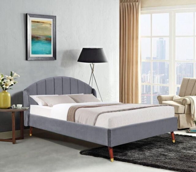 Comfy Living Ltd Winged Plush Velvet Fabric Bed Frame with Curved Headboard in Grey - Size: Double