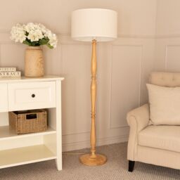 ValueLights Victoria Light Wood Candlestick Floor Lamp with Linen White Trim Drum Lamp Shade in Natural - thumbnail 3