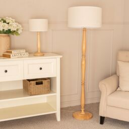 ValueLights Victoria Light Wood Candlestick Floor Lamp with Linen White Trim Drum Lamp Shade in Natural - thumbnail 5