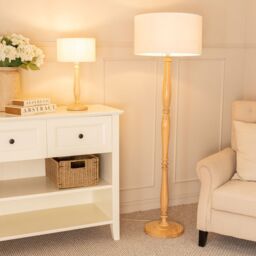 ValueLights Victoria Light Wood Candlestick Floor Lamp with Linen White Trim Drum Lamp Shade in Natural - thumbnail 4