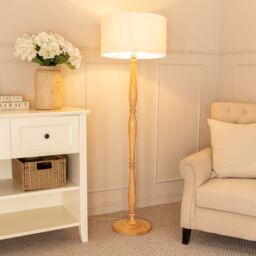 ValueLights Victoria Light Wood Candlestick Floor Lamp with Linen White Trim Drum Lamp Shade in Natural