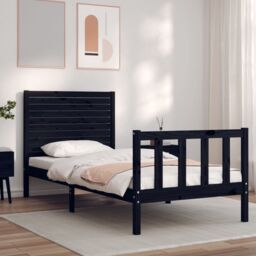 Berkfield Home Bed Frame with Headboard Black Small Single Solid Wood - thumbnail 1