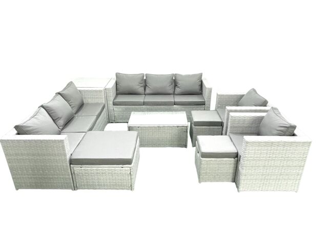Fimous Outdoor Rattan Sofa Garden Furniture Set with 2 Armchairs Oblong Coffee Table 3 Footstools Side Table Light Grey Mixed - image 1