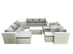 Fimous Outdoor Rattan Sofa Garden Furniture Set with 2 Armchairs Oblong Coffee Table 3 Footstools Side Table Light Grey Mixed - thumbnail 2