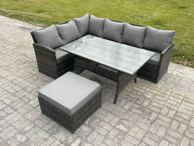 Fimous 7 Seater Rattan Garden Furniture Sets High Back Corner Sofa Rectangular Dining Table Set with Big Footstool Dark Grey Mixed - image 1