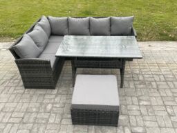 Fimous 7 Seater Rattan Garden Furniture Sets High Back Corner Sofa Rectangular Dining Table Set with Big Footstool Dark Grey Mixed - thumbnail 2