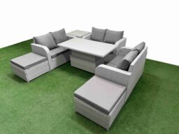 Fimous 8 Seater PE Wicker Rattan Furniture Sofa Sets w/ Adjustable Lifting Dining or Coffee Table 2 Seater Love Sofa 2 Big Footstool Side Table Light - thumbnail 1