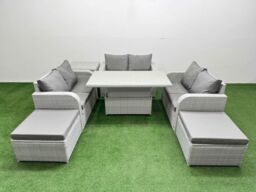 Fimous 8 Seater PE Wicker Rattan Furniture Sofa Sets w/ Adjustable Lifting Dining or Coffee Table 2 Seater Love Sofa 2 Big Footstool Side Table Light - thumbnail 2