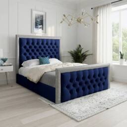 Casani Thorne Glitter Border Upholstered Blue Soft Velvet Designer Bed Frame - Size: King - thumbnail 1