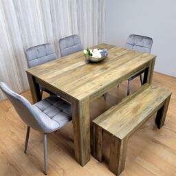 KOSY KOALA Wooden Dining Table Set Of 6 Rustic Effect Table With 4 Grey Velvet Chairs & 1 Bench in Brown - thumbnail 5