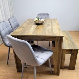 KOSY KOALA Wooden Dining Table Set Of 6 Rustic Effect Table With 4 Grey Velvet Chairs & 1 Bench in Brown - thumbnail 9