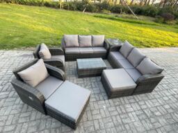 Fimous 10 Seater Rattan Outdoor Garden Furniture Sofa Set Patio Table & Chairs Set with 3 Seater Sofa Reclining Chair 2 Big Footstool 3 Seater Sofa - thumbnail 2