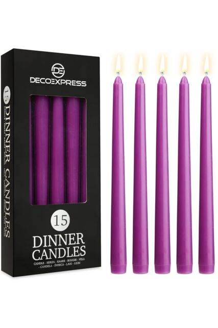 Deco Express Candles Set Classic Dripless Tapered Metallic Unscented 8 Hours Décor in Purple - Size: 15 Pack - image 1