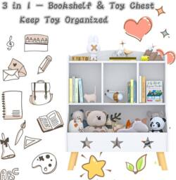 Huhote Kids Bookshelf Bookcase 3 Compartments Book Toy Storage Cabinet Holder in White - thumbnail 7