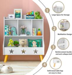 Huhote Kids Bookshelf Bookcase 3 Compartments Book Toy Storage Cabinet Holder in White - thumbnail 4