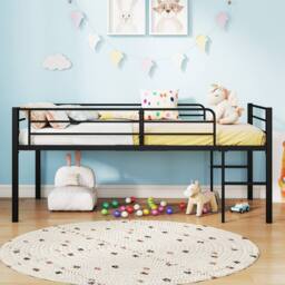 Costway Single Size Low Loft Bed Metal Bed Frame w/ Guardrails & 2 Ladders in Black - thumbnail 3
