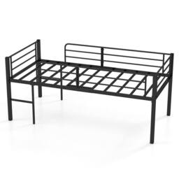 Costway Single Size Low Loft Bed Metal Bed Frame w/ Guardrails & 2 Ladders in Black - thumbnail 1