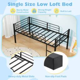 Costway Single Size Low Loft Bed Metal Bed Frame w/ Guardrails & 2 Ladders in Black - thumbnail 5