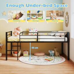 Costway Single Size Low Loft Bed Metal Bed Frame w/ Guardrails & 2 Ladders in Black - thumbnail 6