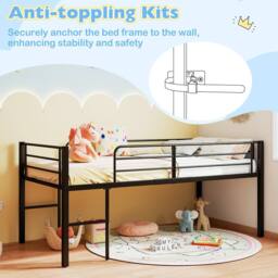 Costway Single Size Low Loft Bed Metal Bed Frame w/ Guardrails & 2 Ladders in Black - thumbnail 8