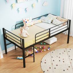 Costway Single Size Low Loft Bed Metal Bed Frame w/ Guardrails & 2 Ladders in Black - thumbnail 4