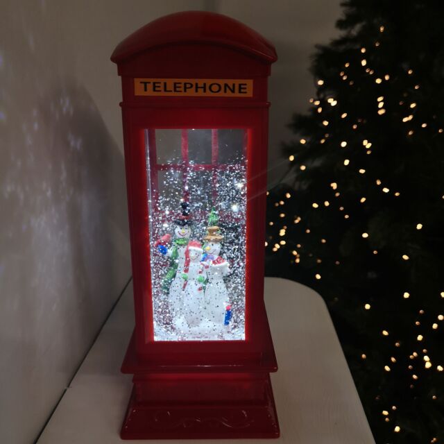 Samuel Alexander 26cm Dual Powered Light up Red Telephone Box Christmas Water Spinner with Snowman Scene - image 1