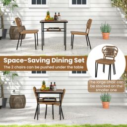 Gymax Rattan Patio Dining Set of 3 Stackable 2 Wicker Chairs & Dining Table in Brown - Size: 3 Pack - thumbnail 8
