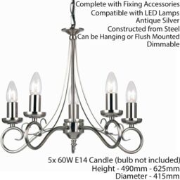 Loops Hanging Flush Ceiling Pendant 5 Light ANTIQUE SILVER Chandelier Lamp Bulb Holder in Metallics - thumbnail 2
