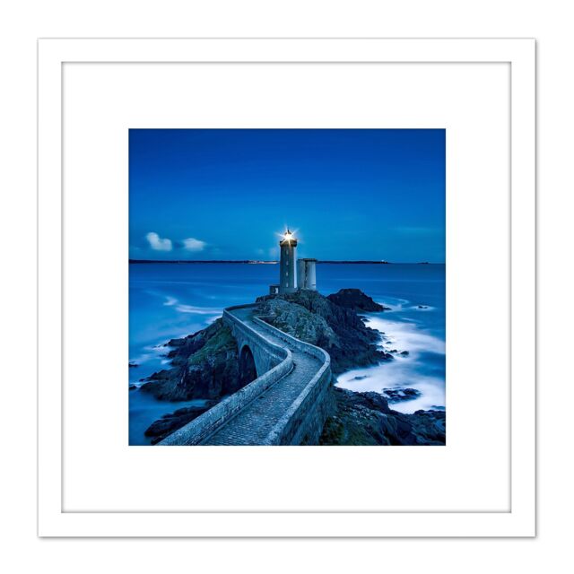 Artery8 Plouzane France Lighthouse Pier Night Photo 8X8 Inch Square Wooden Framed Wall Art Print Picture with Mount in White - image 1