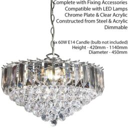 Loops 6 Light Chandelier Pendant Chrome Clear Shade Hanging Ceiling Feature Lamp Bulb - thumbnail 2