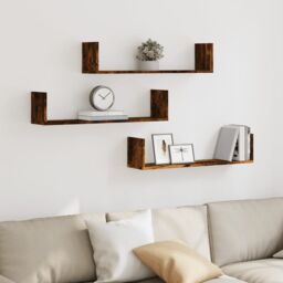 Berkfield Home Wall Shelves 3 pcs Smoked Oak 80x18x18 cm Engineered Wood in Brown - Size: 80 x 18 x 18 cm - thumbnail 1