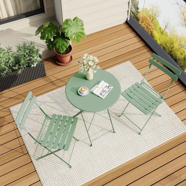 London Boutique 3PCS Foldable Bistro Set Patio Table & 2 Chairs Garden Furniture Set in Green - image 1
