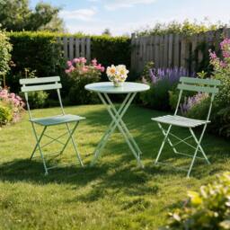 London Boutique 3PCS Foldable Bistro Set Patio Table & 2 Chairs Garden Furniture Set in Green - thumbnail 3