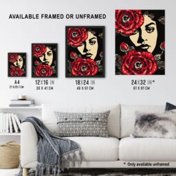 "Artery8 Beauty in Bloom Woman Face & Flowers Design Framed Art Print in Red - Size: W12"" x H16""" - thumbnail 3