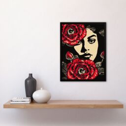 "Artery8 Beauty in Bloom Woman Face & Flowers Design Framed Art Print in Red - Size: W12"" x H16""" - thumbnail 4