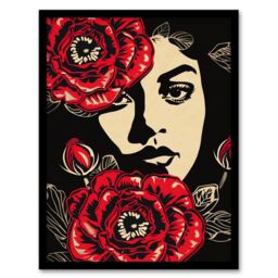 "Artery8 Beauty in Bloom Woman Face & Flowers Design Framed Art Print in Red - Size: W12"" x H16""" - thumbnail 1