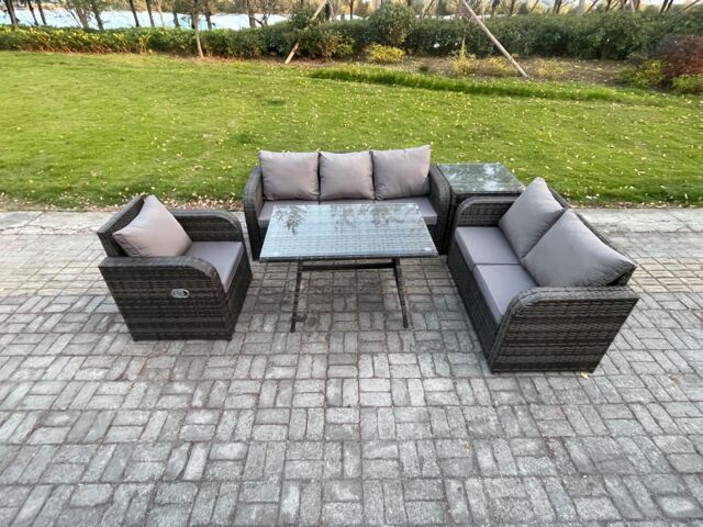 Fimous 6 Seater Outdoor Rattan Garden Furniture Set Patio Lounge Sofa Set with Dining Table Side Table Dark Grey Mixed - image 1