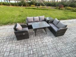 Fimous 6 Seater Outdoor Rattan Garden Furniture Set Patio Lounge Sofa Set with Dining Table Side Table Dark Grey Mixed - thumbnail 2