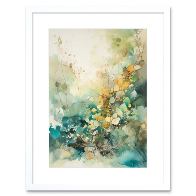 "Artery8 Wall Art Print Wild Plant Flora in Teal Blue & Orange Modern Watercolour Painting Artwork Framed 9X7 Inch in White - Size: W7"" x H9""" - image 1