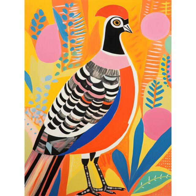 Artery8 Wall Art Print Pleasant Pheasant Bright Bold Vibrant Colourful Grassland Acrylic Painting Artwork Orange Pink Blue Folk Art Poster - image 1