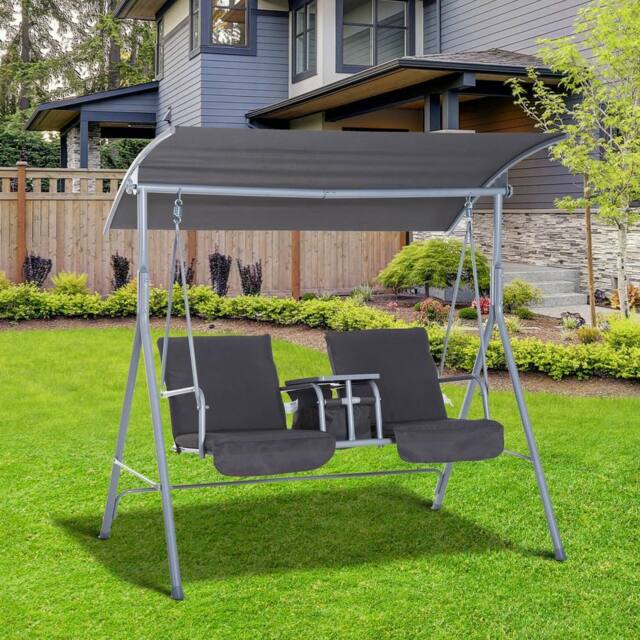 OUTSUNNY 2 Person Covered Patio Swing with Pivot Table & Storage Console in Grey - image 1