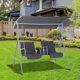OUTSUNNY 2 Person Covered Patio Swing with Pivot Table & Storage Console in Grey - thumbnail 1