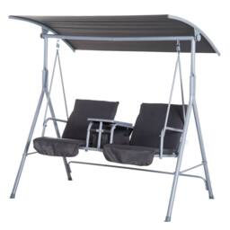 OUTSUNNY 2 Person Covered Patio Swing with Pivot Table & Storage Console in Grey - thumbnail 2