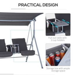 OUTSUNNY 2 Person Covered Patio Swing with Pivot Table & Storage Console in Grey - thumbnail 6