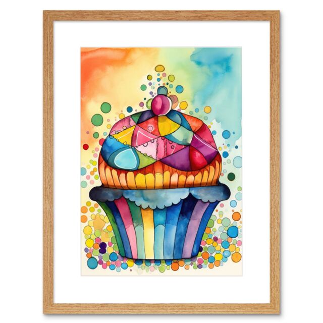 "Artery8 Wall Art Print Cupcake With Colourful Frosting Watercolour Folk Art Painting Kitchen Artwork Framed 9X7 Inch in Beige - Size: W7"" x H9""" - image 1