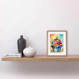"Artery8 Wall Art Print Cupcake With Colourful Frosting Watercolour Folk Art Painting Kitchen Artwork Framed 9X7 Inch in Beige - Size: W7"" x H9""" - thumbnail 2