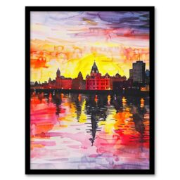 "Artery8 Vibrant Liverpool City Waterfront Sunset Painting Framed Wall Art - Size: W12"" x H16""" - thumbnail 1